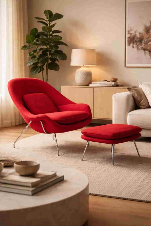 Poltrona di design rossa con pouf coordinato in un soggiorno moderno, palette neutra calda e dettagli in stile Bauhaus.