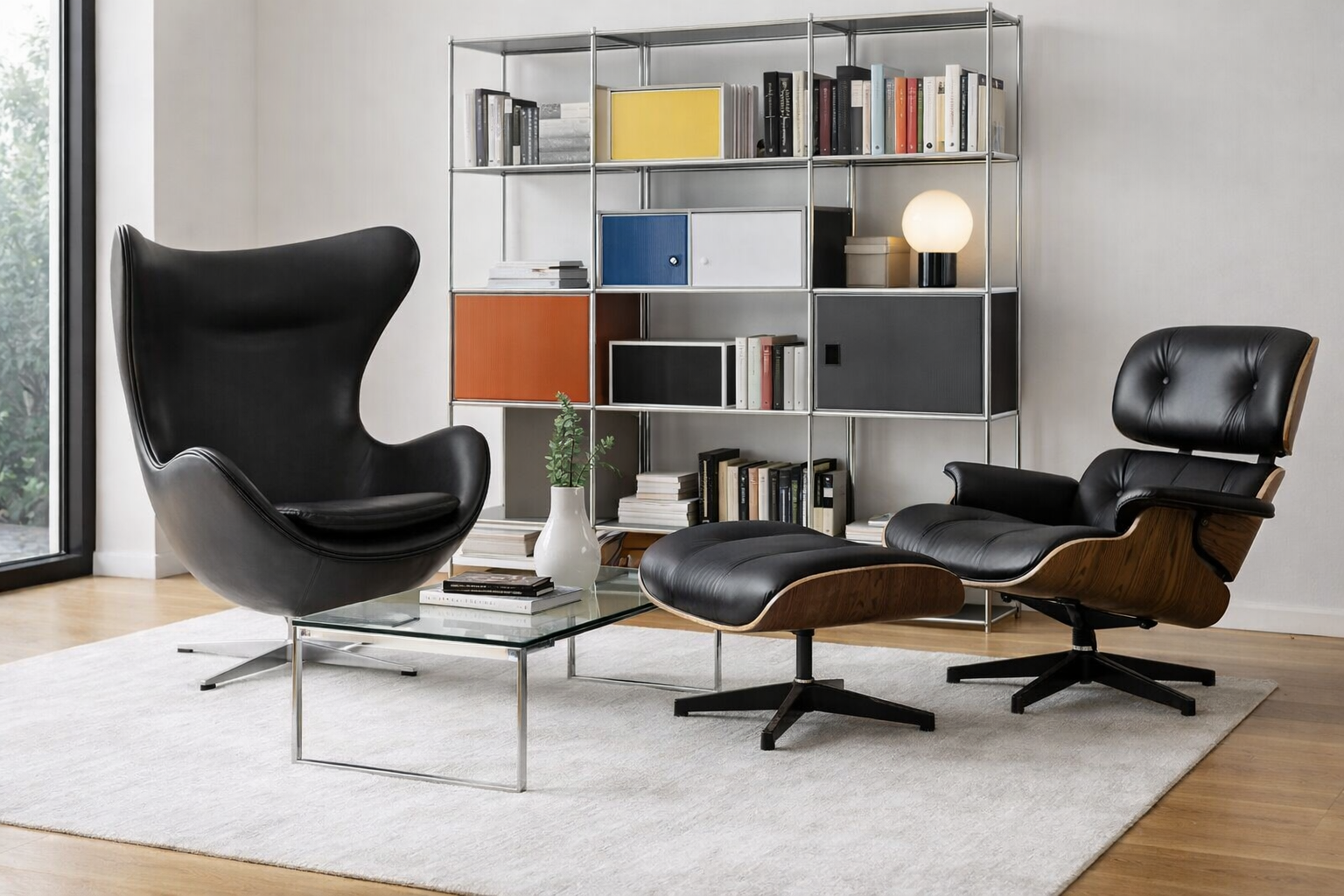 Soggiorno premium con Egg Chair nera, poltrona Eames, tavolo in vetro e libreria Bauhaus, stile moderno elegante.